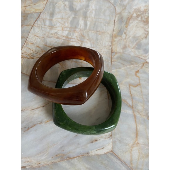 Jewelry - Vintage Style Chunky Square Bangle Bracelet Set Amber Tortoise & Marbled Green